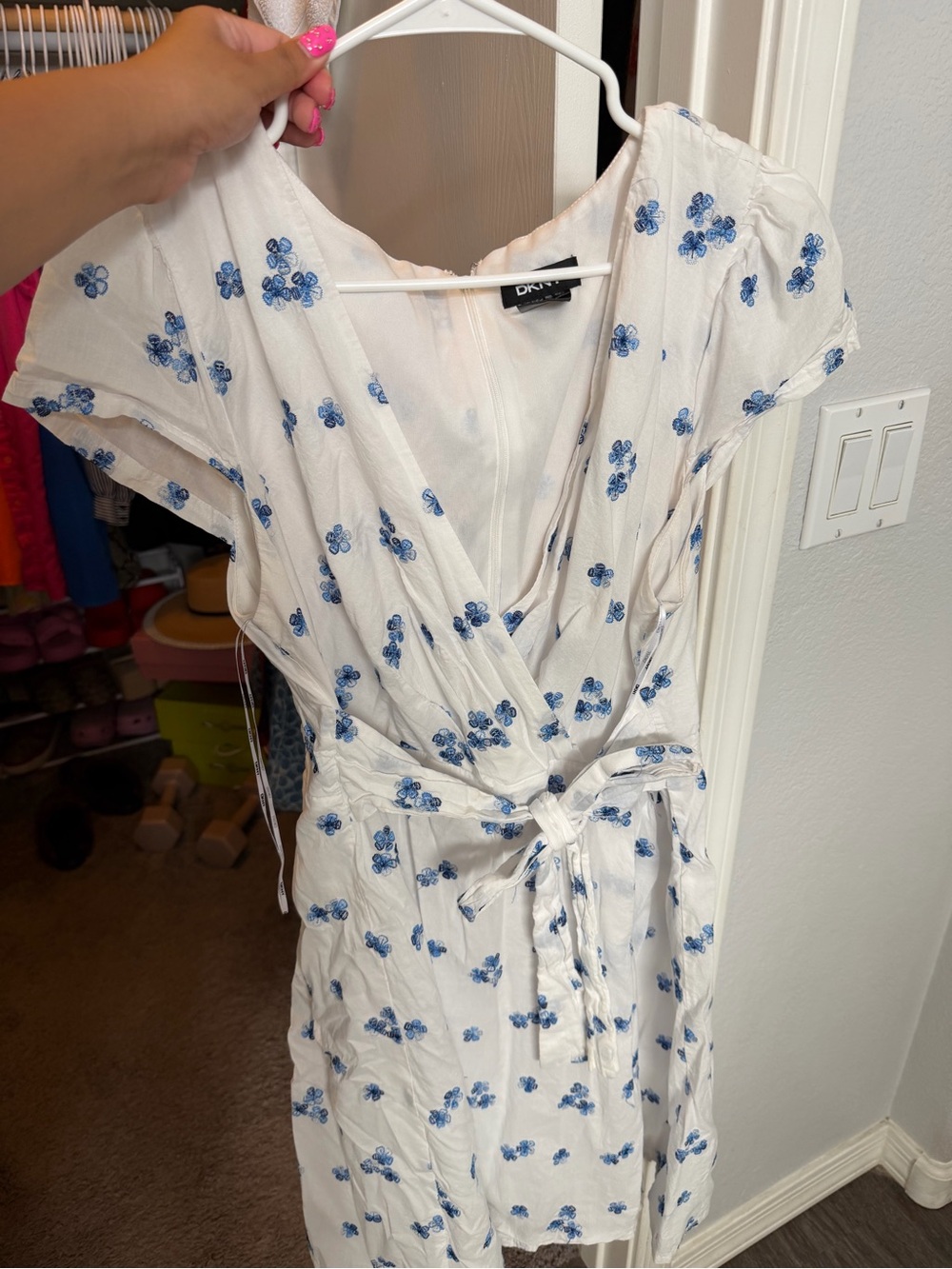 DKNY White Midi Wrap Dress with Blue Floral Print